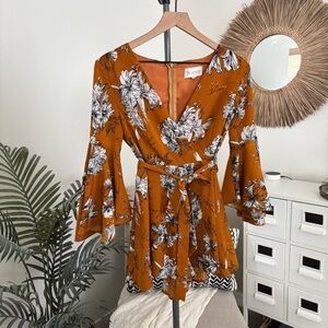 L’atiste Mustard Yellow Bell Sleeve Floral Wrap Romper Tie Belt Medium